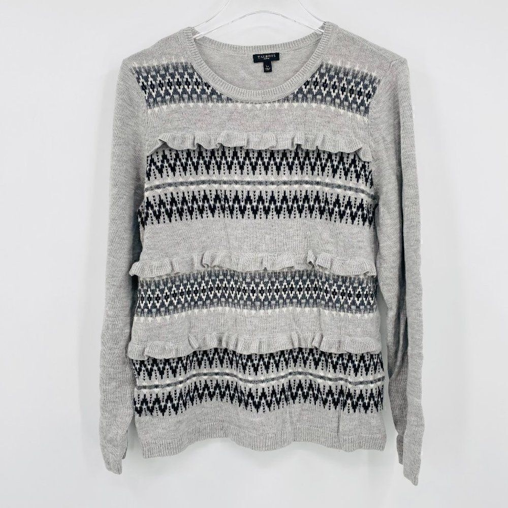 Talbots Petites Size Large Gray Fair Aisle Ruffled Lambswool Crewneck Sweater